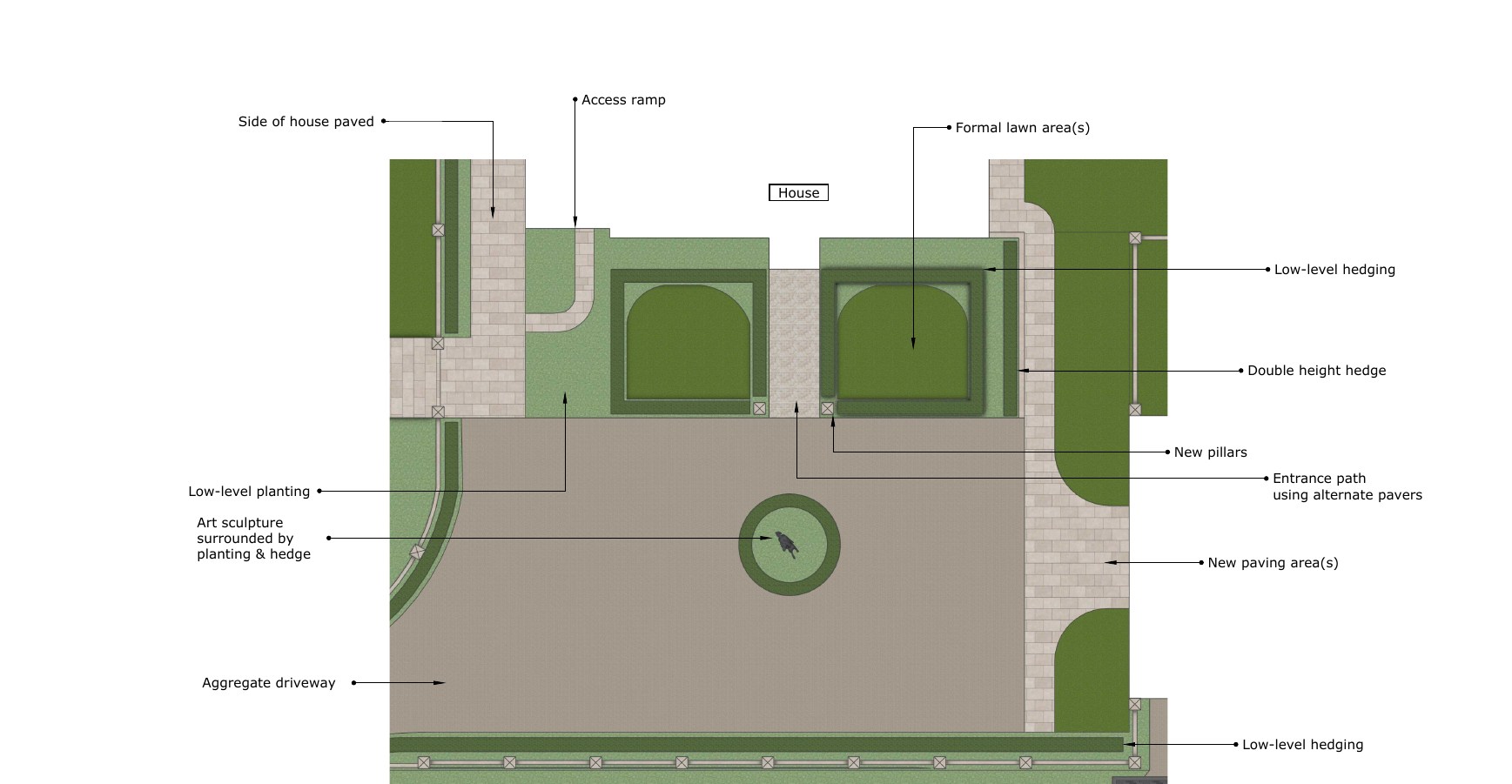 Annotated layout plan for Burgedin Hall with lawn areas, planting, paving and an entrance route