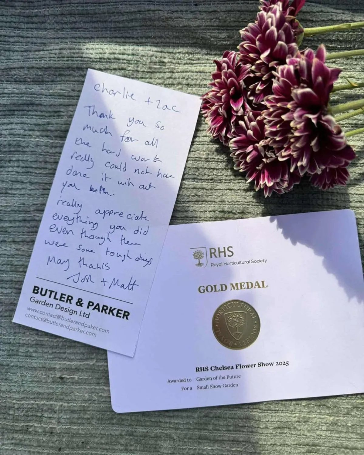 RHS Chelsea Flower Show 2025 gold medal certificate and thank you note