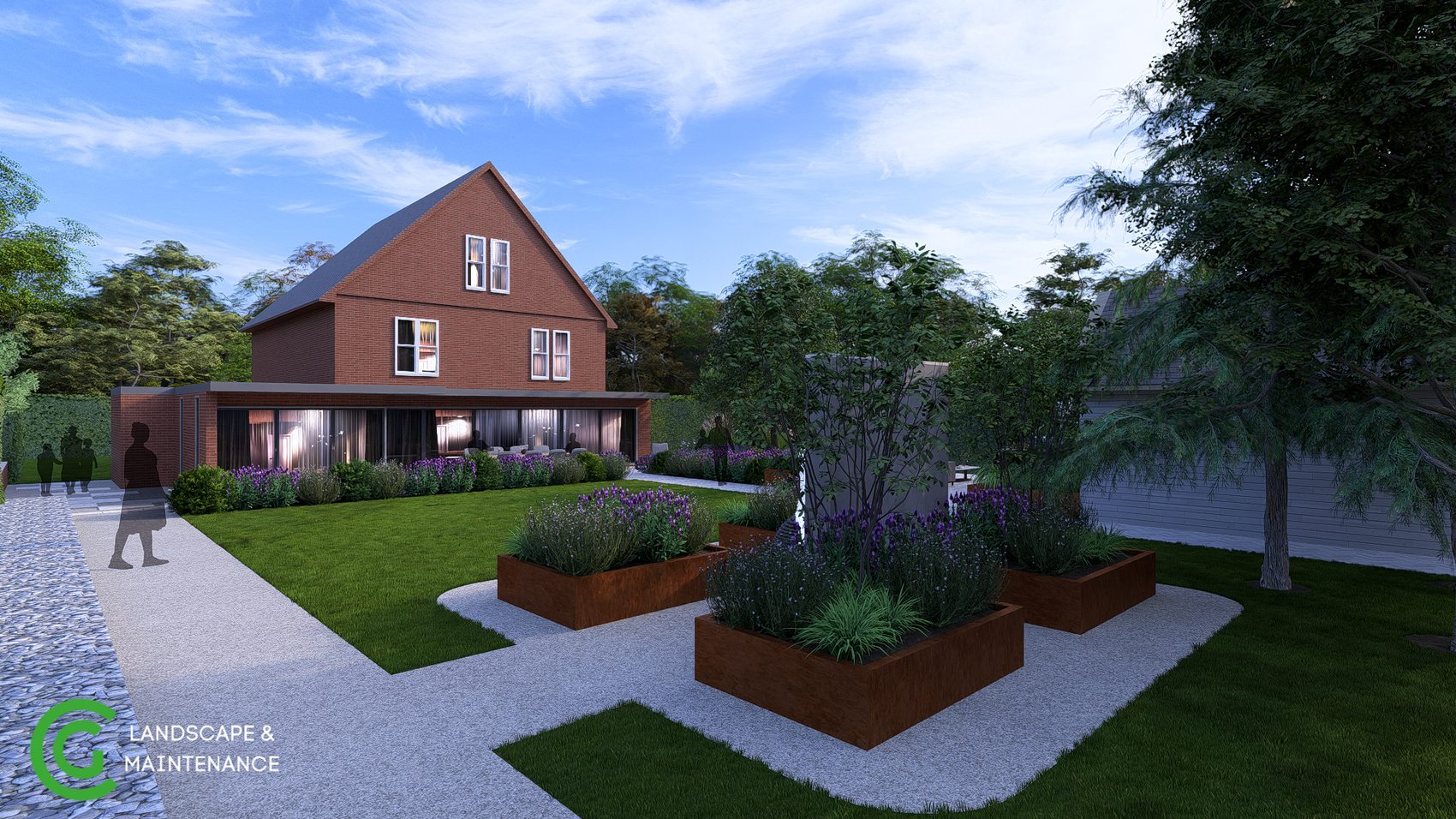 Concept visualisation of a bespoke garden with lawn and planted borders