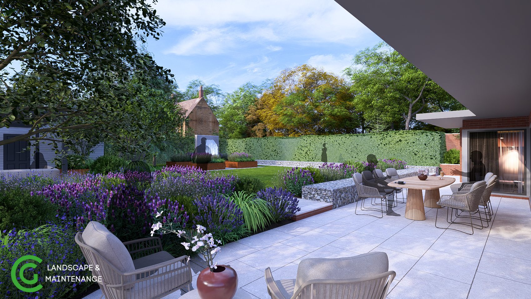 3D concept visualisation of patio dining and floral planting at The Mount
